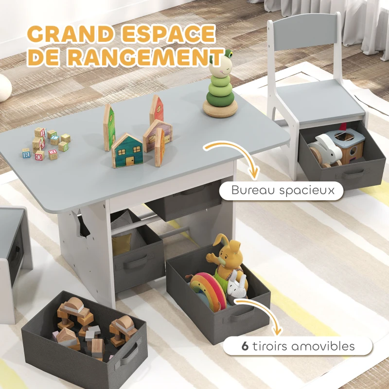 AIYAPLAY Ensemble table et 2 chaises enfant avec 6 tiroirs amovibles, pour fille garçon 3-8 ans, gris