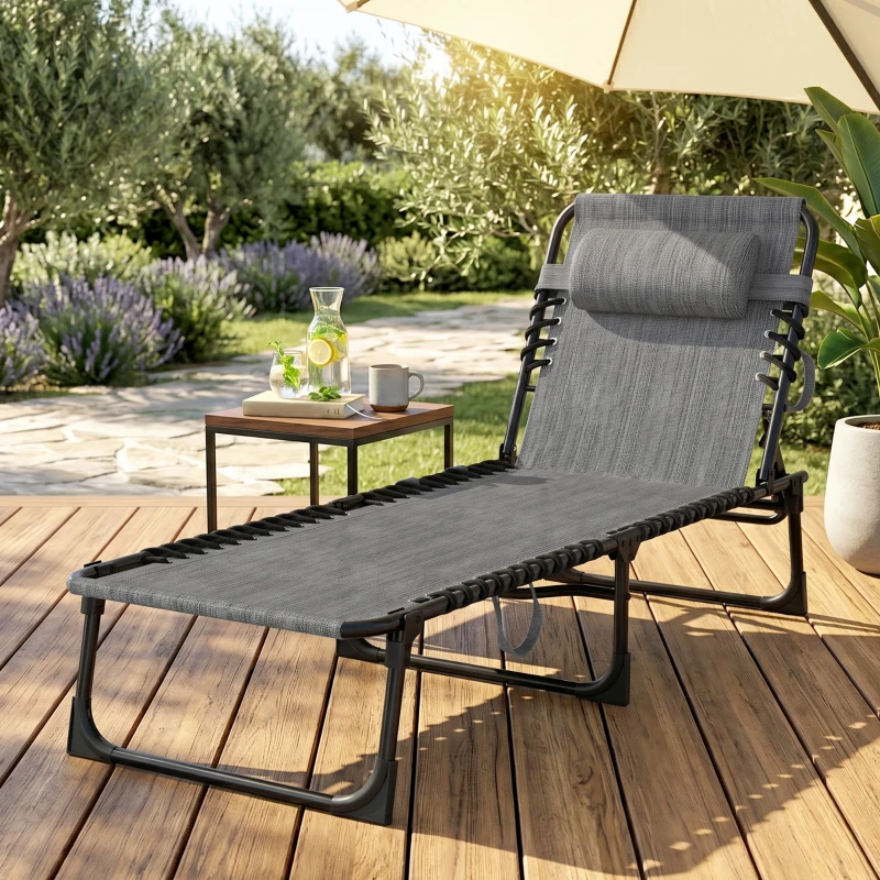 Outsunny Chaise longue pliable bain de soleil dossier inclinable 5 niveaux têtière amovible 189 x 58 x 30 cm gris
