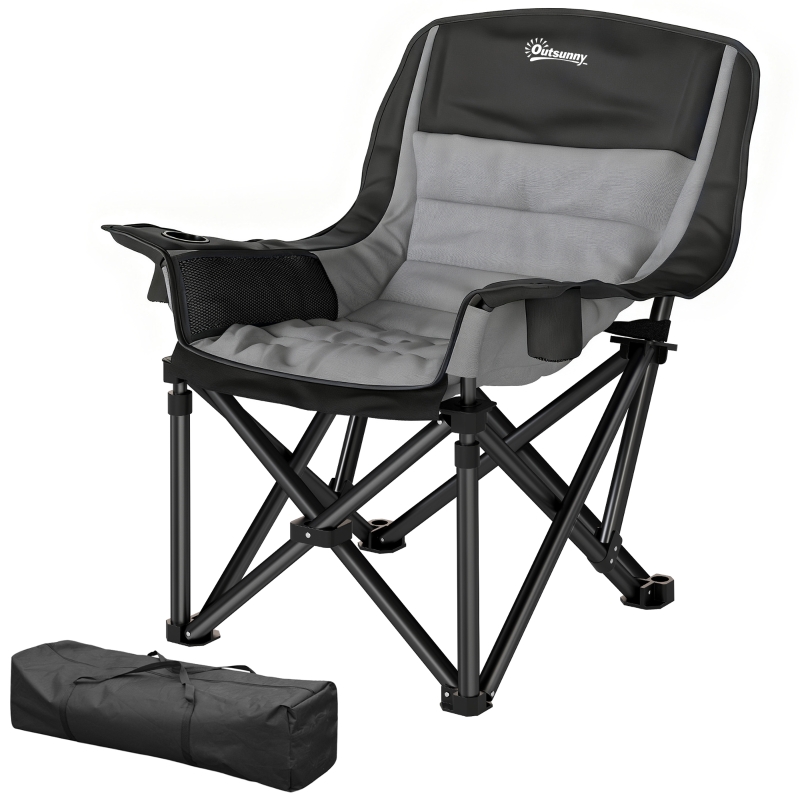 Outsunny Chaise de camping pliante et portable avec porte-gobelets, poches latérales et sac de transport, noir