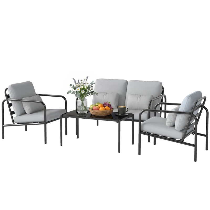 Outsunny Set de salón de jardín 4 piezas en acero con sofá 2 plazas, 2 sillones, mesa, cojines, Gris claro