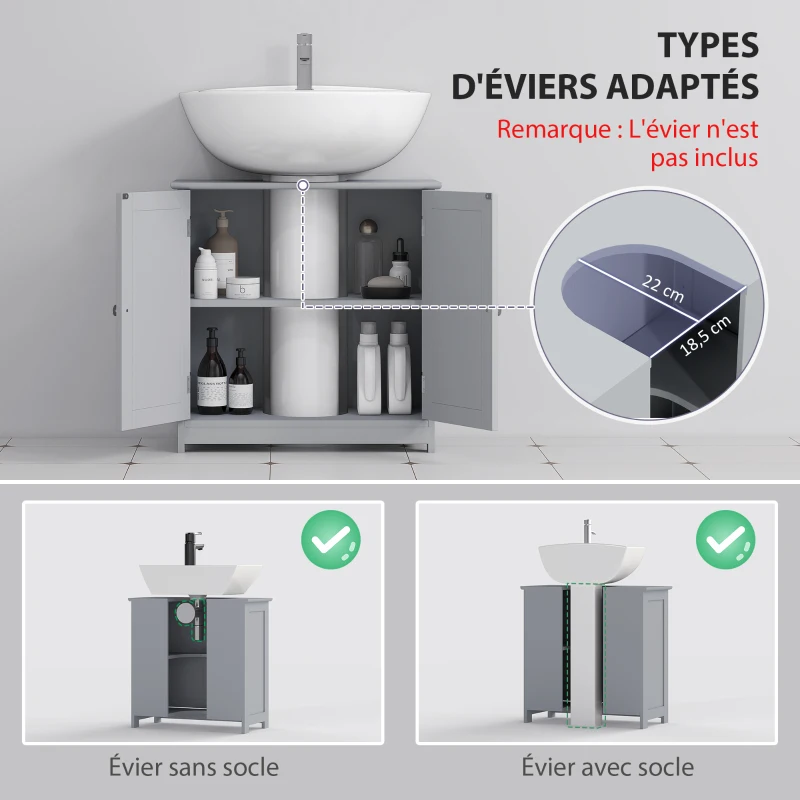 kleankin Meuble salle de bain sous lavabo - meuble sous-vasque - placard 2 portes avec étagère 60L x 30l x 60H cm - en bois Gris