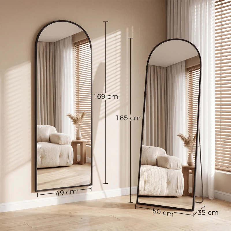 HOMCOM Specchio da Terra e Parete Moderno in Lega di Alluminio con Supporto Pieghevole, 50x170 cm, Nero