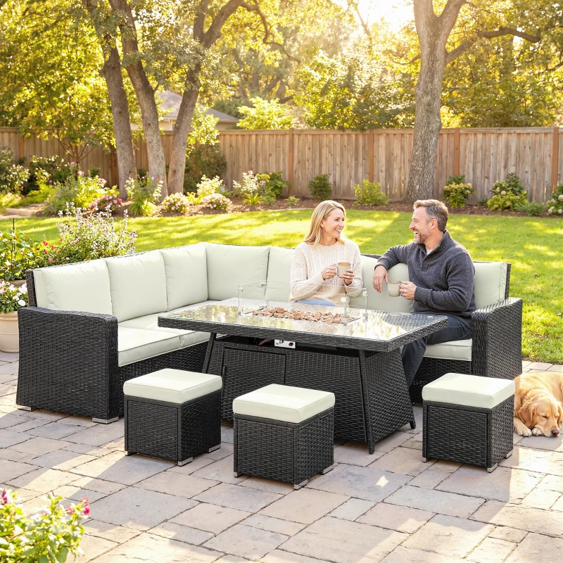 Outsunny 7 Pieces PE Rattan Garden Furniture Set, 50,000 BTU Gas Fire Pit Table, Double Corner Sofa and 3 Footstools