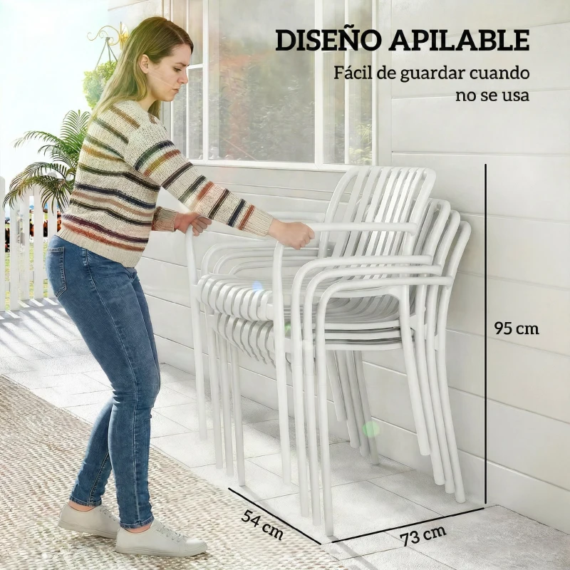 Outsunny Juego de 4 Sillas de Jardín Exterior Apilables de PP con Respaldo Curvado Asiento de Listones 55x58,5x81,5 cm Blanco