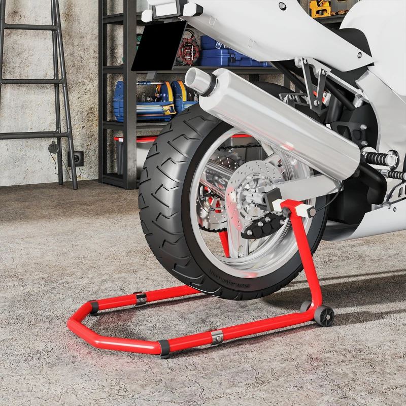 HOMCOM Stand pentru Motocicletă, Față și Spate, Capacitate 390 kg, Furci în U și L, Roți și Suporturi Antiderapante, Roșu