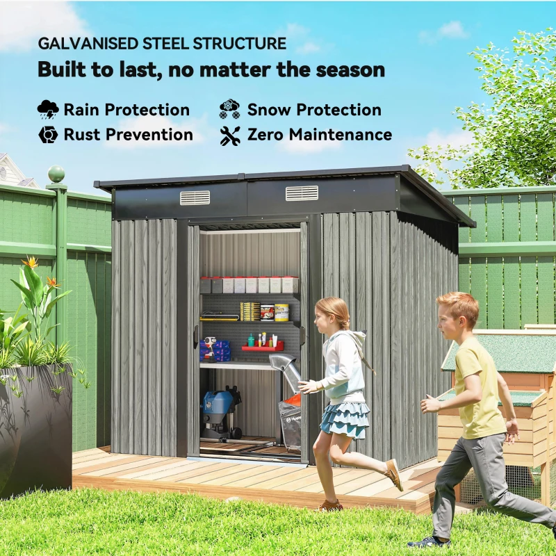 Outsunny 7 x 4ft Outdoor Storage Shed with Foundation Kit, Lean to Metal Garden Shed for Log, Rubbish Bin, Tool, Bike, Light Grey