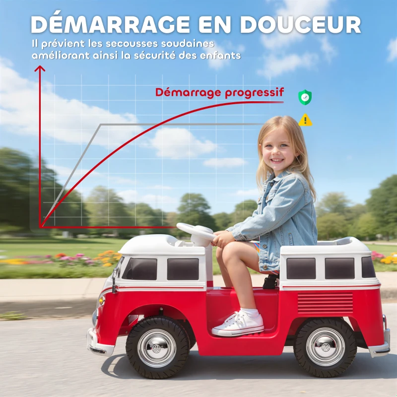 AIYAPLAY Voiture électrique enfant Volkswagen T1 sous licence officielle 12 V avec 2 moteurs démarrage doux 89x49x41,5cm rouge(m-6)