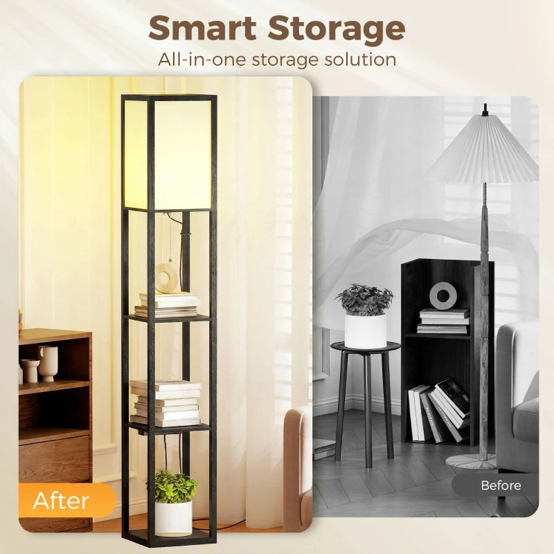 HOMCOM Floor Lamp with Shelves, 3 Layer Column Modern Standing Lamp for Living Room, Bedroom, Office, Black
