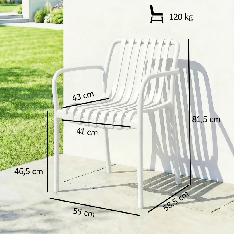 Outsunny Juego de 4 Sillas de Jardín Exterior Apilables de PP con Respaldo Curvado Asiento de Listones 55x58,5x81,5 cm Blanco