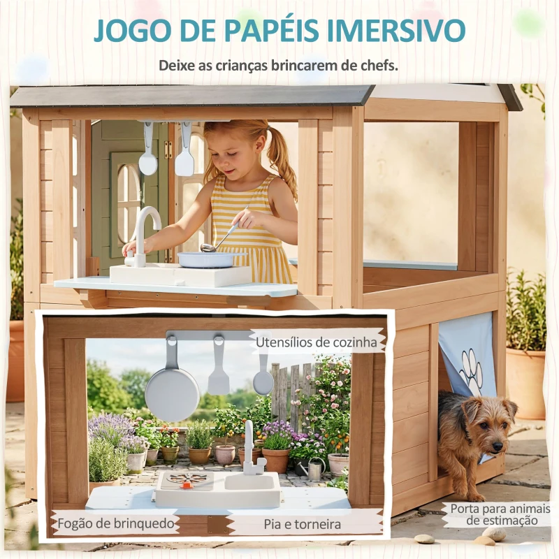 AIYAPLAY Casinha Infantil Exterior e Interior de Madeira com Porta para Animais de Estimação Casinha de Brincar 115,5x97,3x140 cm Madeira