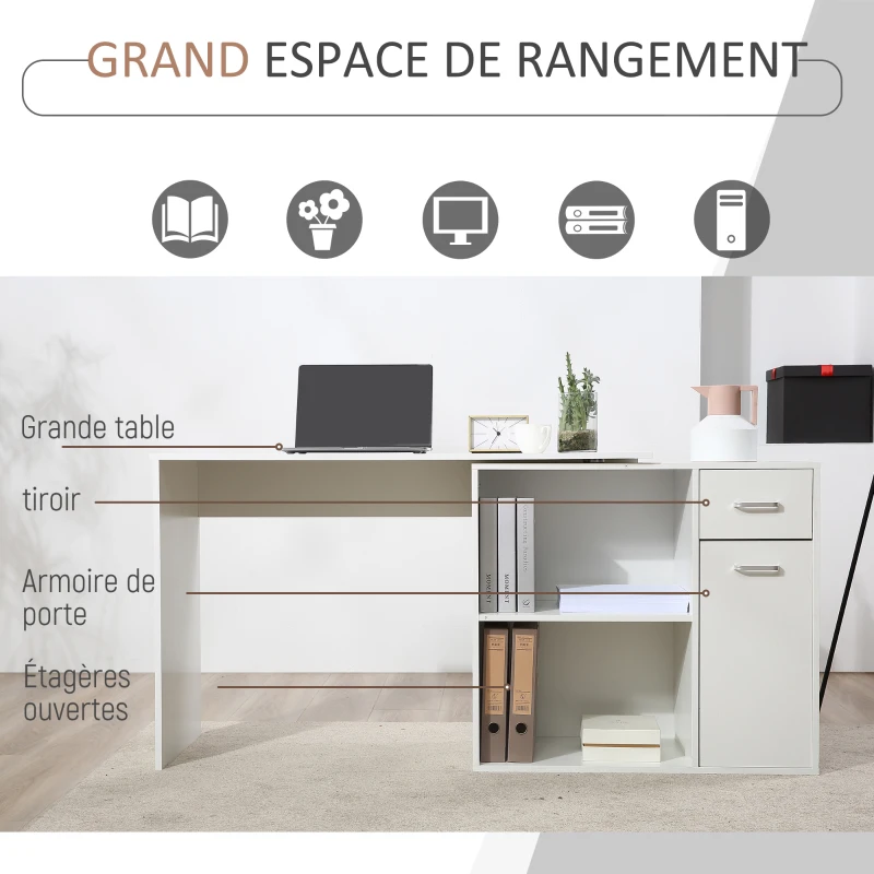 HOMCOM Bureau d'angle rotatif à 180°, bureau d'ordinateur, bibliothèque, tiroir, placard, poste de travail, 117x82x74cm, blanc