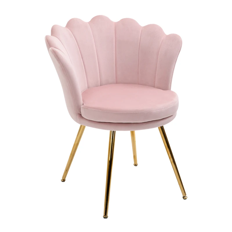 HOMCOM Scaun de Sufragerie Tip Scoică Stil Vintage din Catifea cu Picioare Aurite Roz
