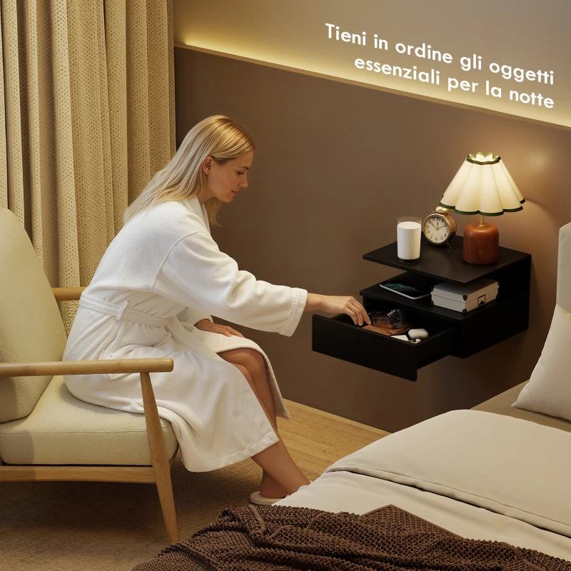 HOMCOM Set da 2 Comodini Sospesi per Camera da Letto con Cassetto e Mensola Superiore in Legno 35x32x22.5cm