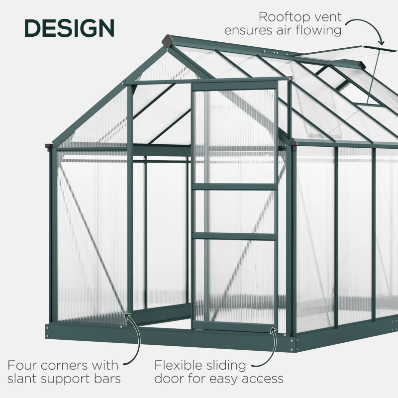 Outsunny 6 x 10ft Polycarbonate Greenhouse - Large Walk-In Green House with Sliding Door and Window, Garden Plant Grow House with Aluminium Frame and Foundation, Dark Green(m-16)