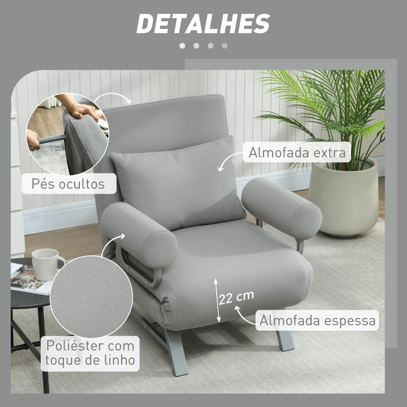 HOMCOM Sofá Cama Dobrável Estofado em Linho Sintético com Encosto Ajustável em 5 Níveis e Almofada Acolchoada 73x78x81 cm Cinzento Claro