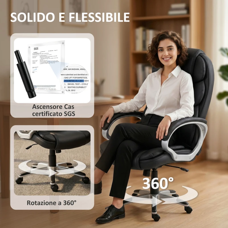 HOMCOM Cadeira de Escritório Ergonômica Giratória em Pele PU, Função Balanço, Altura Regulável, Capacidade 120kg, Preto