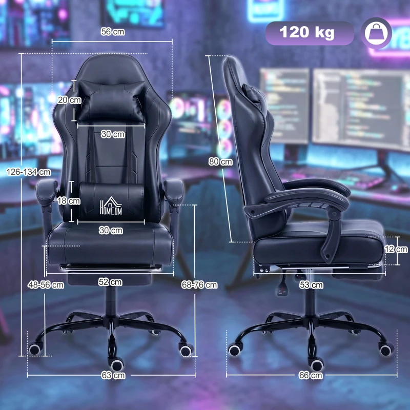 HOMCOM Sedia Gaming Ergonomica, Poltrona Gamer con Supporto Lombare Massaggiante e Schienale Reclinabile, Altezza Regolabile, Nero
