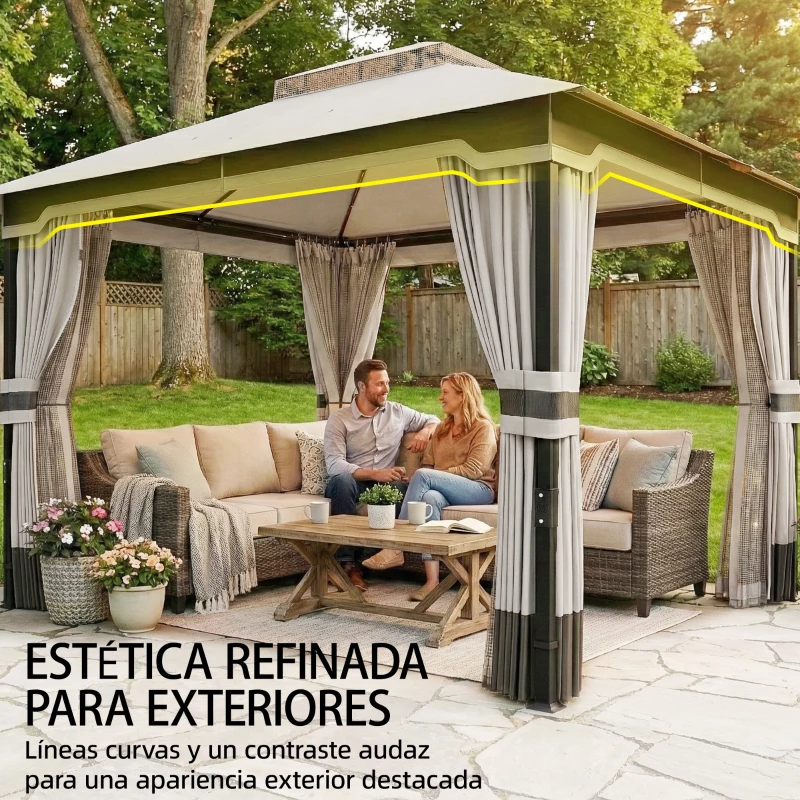 Outsunny Carpa para Jardín con Techo Doble Cenador con 4 Paredes y Mosquitera para Exterior Terraza 360x300x279 cm Gris Claro