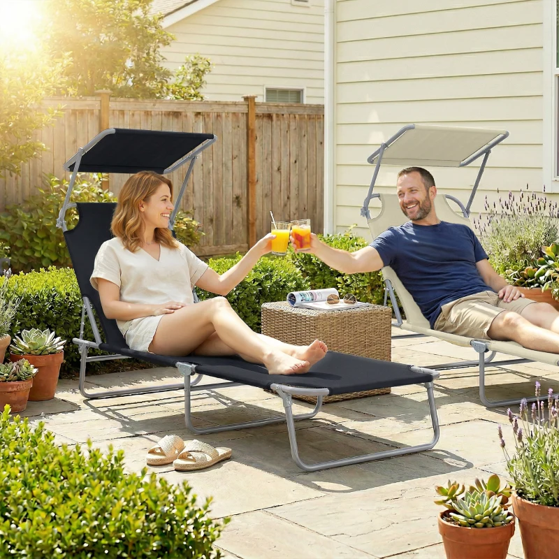 Outsunny Transat Bain de Soleil Pliable Chaise Longue Pliante Grand Confort Dossier Inclinable Multi-positions et Pare-Soleil réglable Dim. 187L x 58l x 36H cm Noir