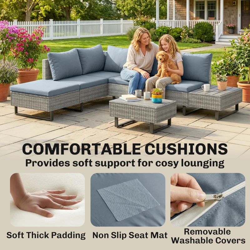 Outsunny 5 Seater Rattan Garden Furniture Set, L Shaped Garden Corner Sofa, Adjustable Back, Faux Wood Tables, Grey