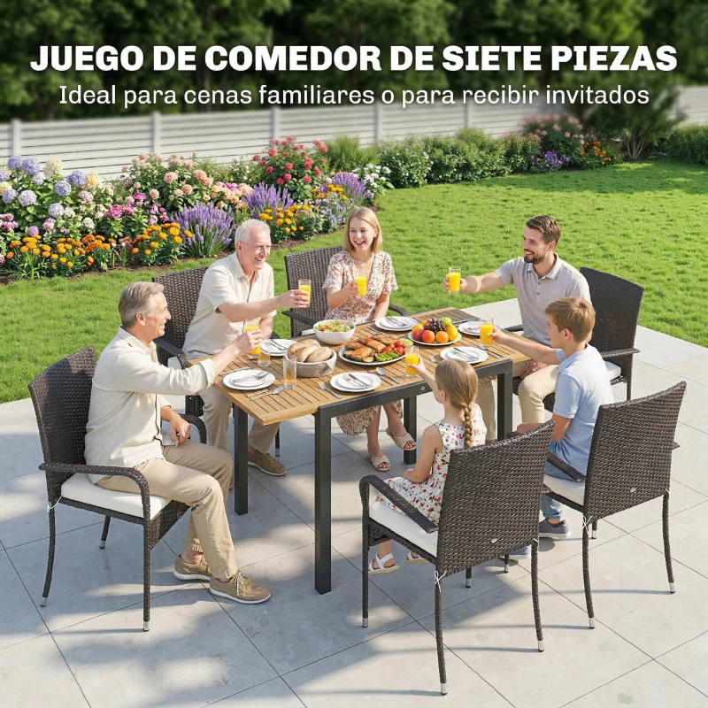 Outsunny Conjunto de Mesa y Sillas Jardín de Ratán 7 Piezas con Mesa Extensible con Tablero Madera y 6 Sillas Apilables Cojines