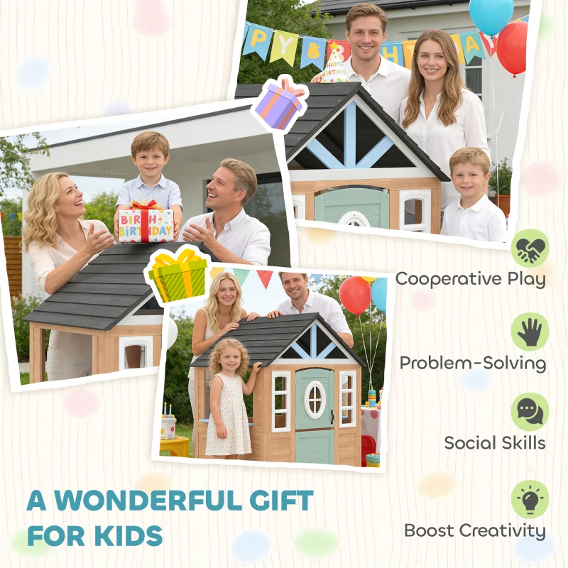 AIYAPLAY Wooden Playhouse for Kids, Wendy House with Pet Door, Play Kitchen, Half Door and Windows for Indoor Outdoor, Ages 2+