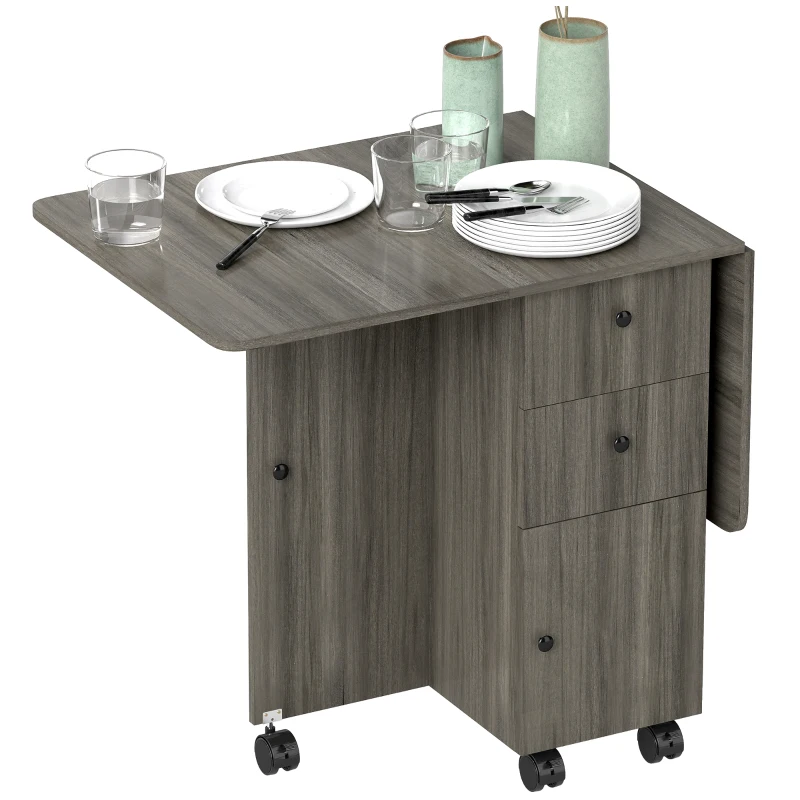 HOMCOM Table de cuisine pliable table à manger pliante 2 plateaux rabattables avec 2 tiroirs 1 placard gris