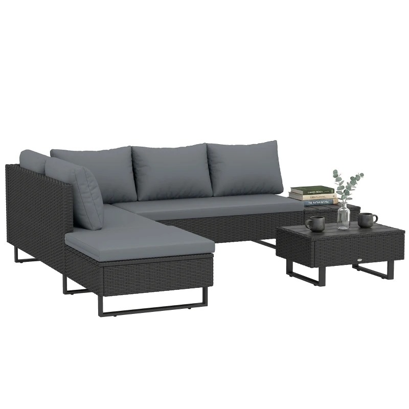 Outsunny 5 Seater Rattan Garden Furniture Set, L Shaped Garden Corner Sofa, Adjustable Back, Faux Wood Table, Dark Grey