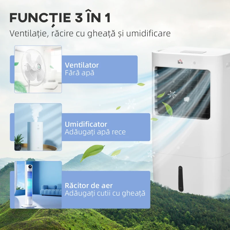 HOMCOM Răcitor Evaporativ și Ventilator cu Gheață 3 în 1 cu 3 Viteze și Cronometru, 32x37x74 cm, Alb