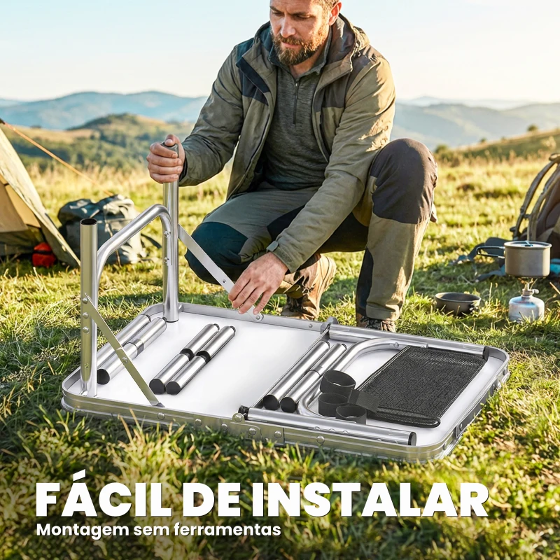 Outsunny Mesa Dobrável de Campismo 60x40x60 cm com Altura Ajustável em 4 Níveis Rede de Armazenamento Estrutura de Alumínio Preto