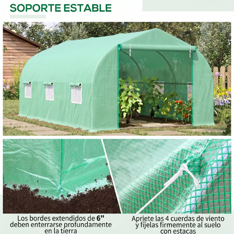 Outsunny Invernadero de Túnel 450x300x205 cm Invernadero de Jardín con 6 Ventanas Cubierta de Polietileno PE 140 g/m² y Estructura de Acero para Cultivo Plantas Jardín Terraza Verde
