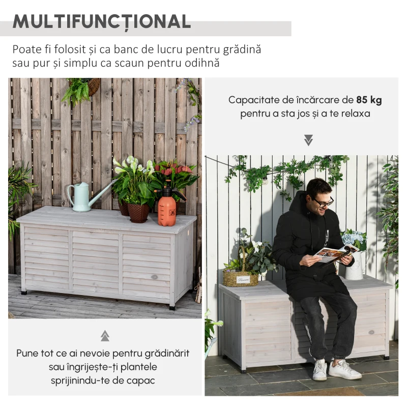 Outsunny Banca Lemn Gri 127×56×60 cm – Cu Spatiu de Depozitare