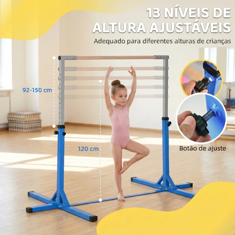 HOMCOM Barra de Ginástica para Crianças com Altura Ajustável 92-150 cm Barra Horizontal de Ginástica 194x121x150 cm Azul