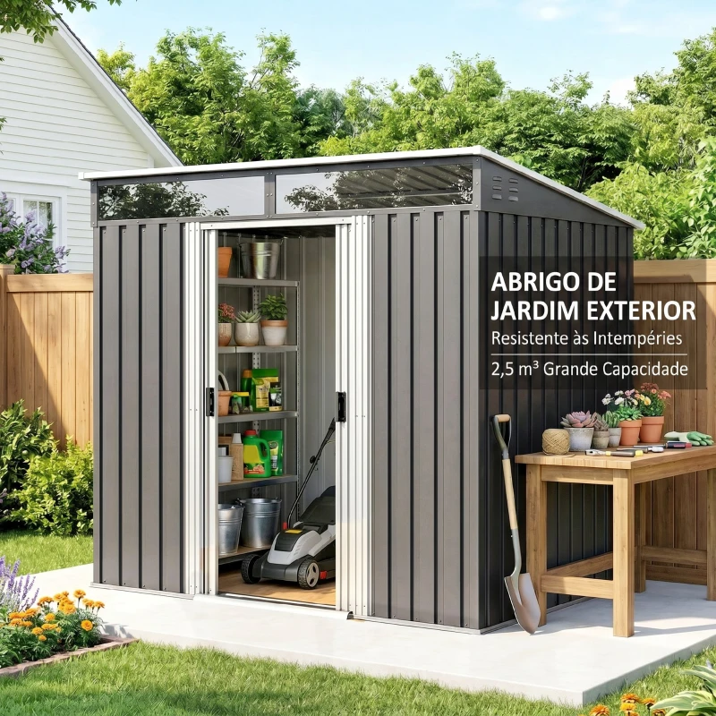 Outsunny Abrigo de Jardim 2 m² 195x122x181,5 cm Abrigo de Armazenamento Metálico com Porta de Correr e 2 Janelas Cinza Escuro