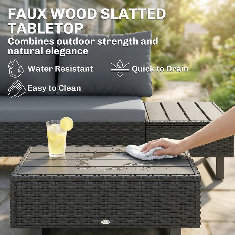 Outsunny 5 Seater Rattan Garden Furniture Set, L Shaped Garden Corner Sofa, Adjustable Back, Faux Wood Table, Dark Grey