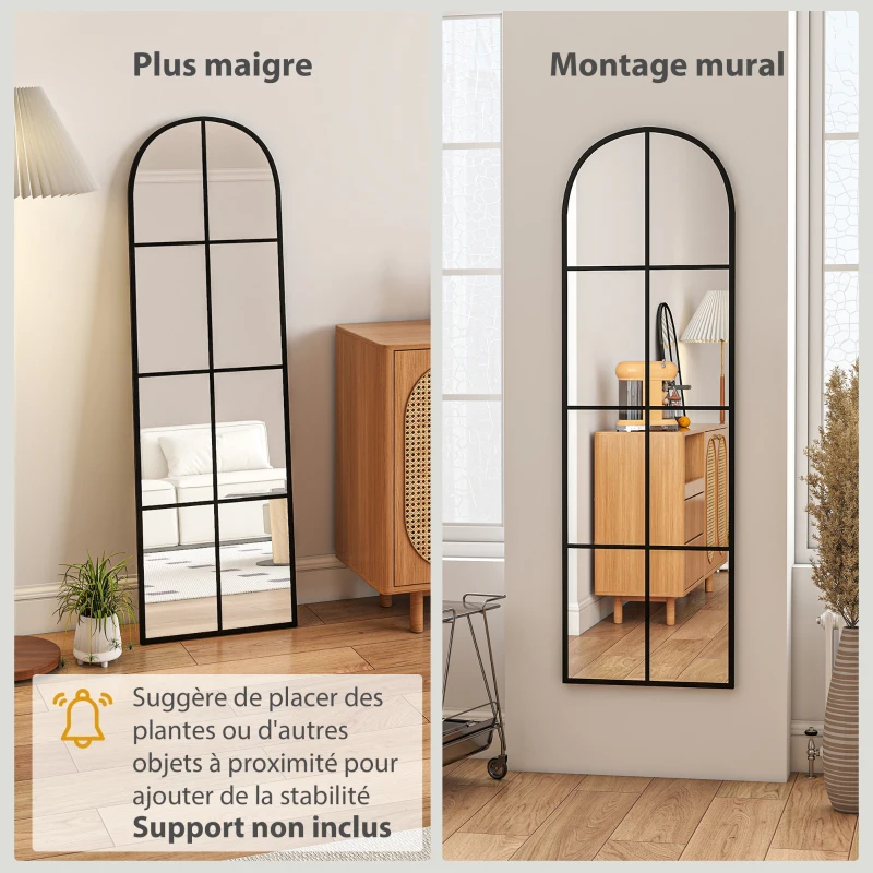 HOMCOM Grand miroir mural ou sur pied 40 x 160 cm de fenêtre arquée avec cadre en métal, film antidéflagrant, noir