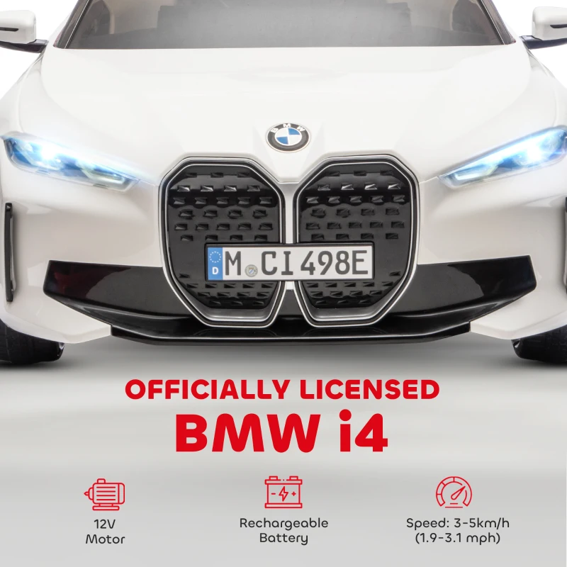 HOMCOM BMW i4 Licensed 12V Kids Electric Ride-On Car, White, Red and Light Blue