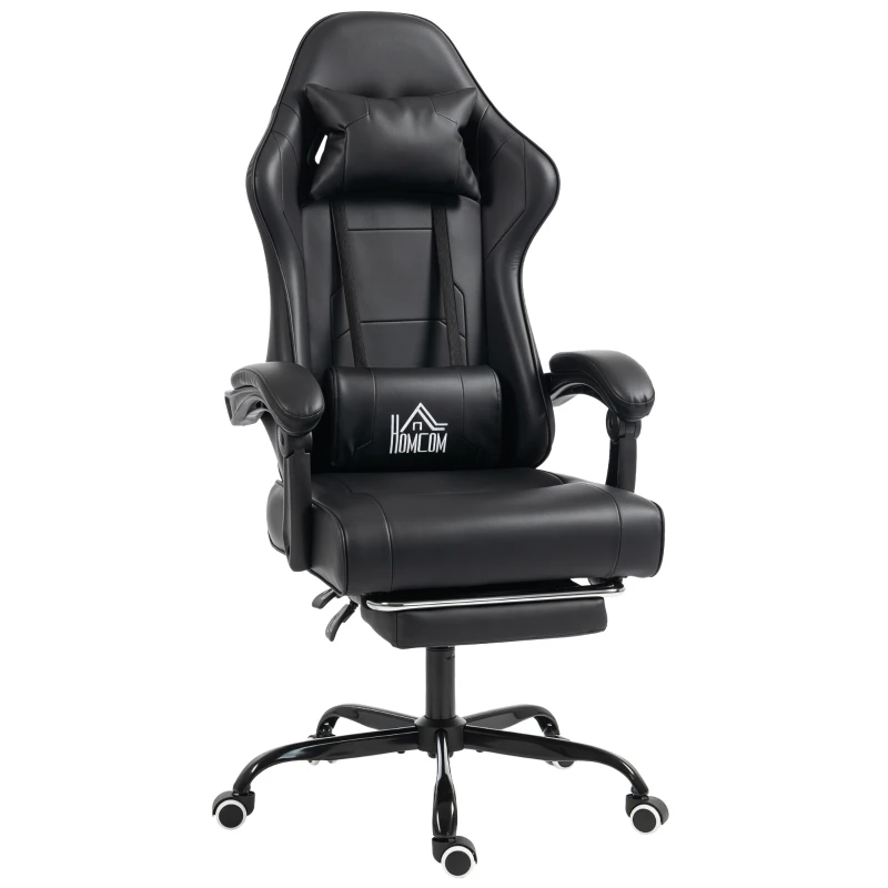 HOMCOM Chaise gaming ergonomique, fauteuil gamer avec support lombaire massant, dossier inclinable, hauteur réglable, noir