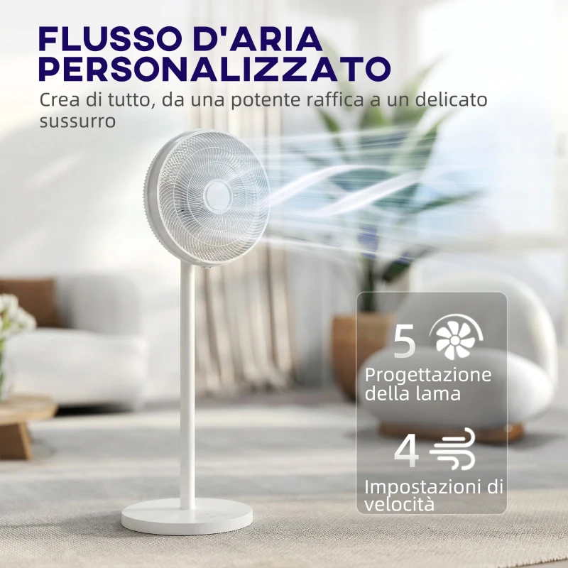HOMCOM Ventilatore a Piantana con Telecomando, Regolabile in Altezza, 4 Velocità, Oscillazione 80°, Bianco