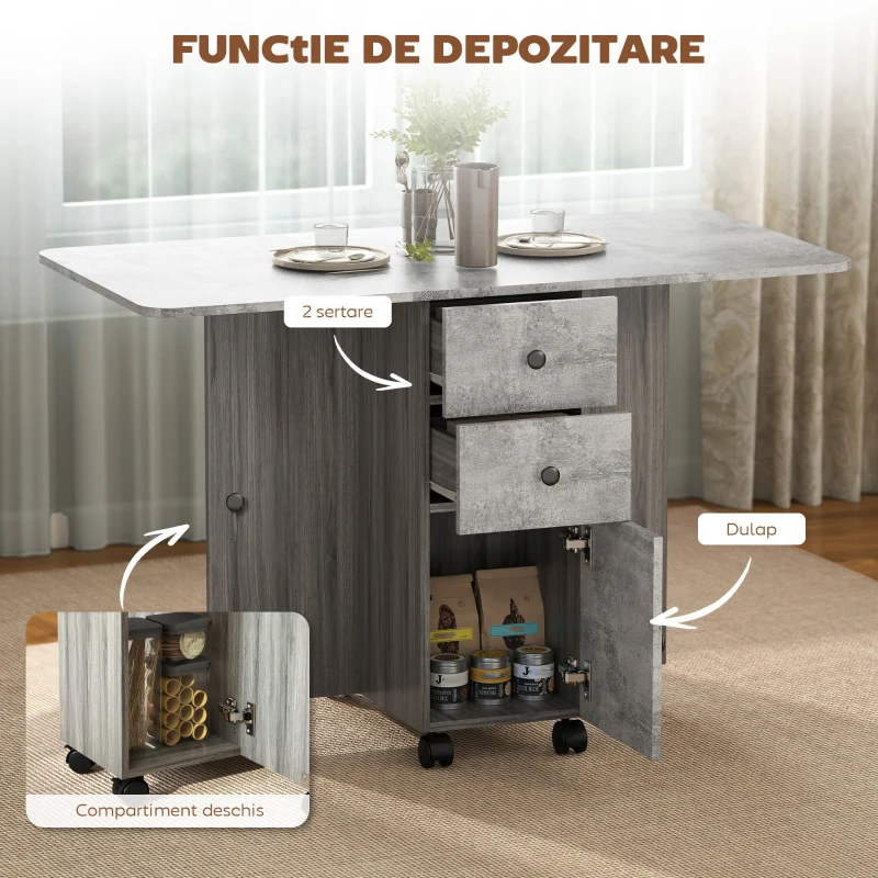HOMCOM Masă pliabilă cu 2 sertare și dulap, 6 roți și frâne, 120x60x76,5 cm, gri lemn și piatră