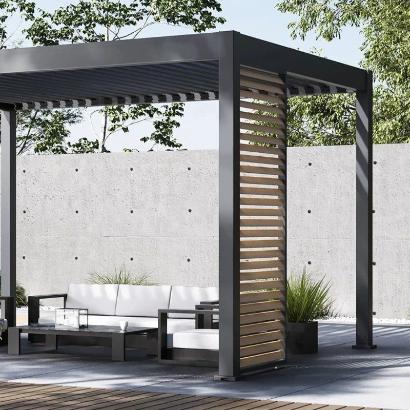 Panneau brise-vue - OMBREA - Ventelles horizontales - 1 m - Aluminium - Anthracite et ventelles finition bois