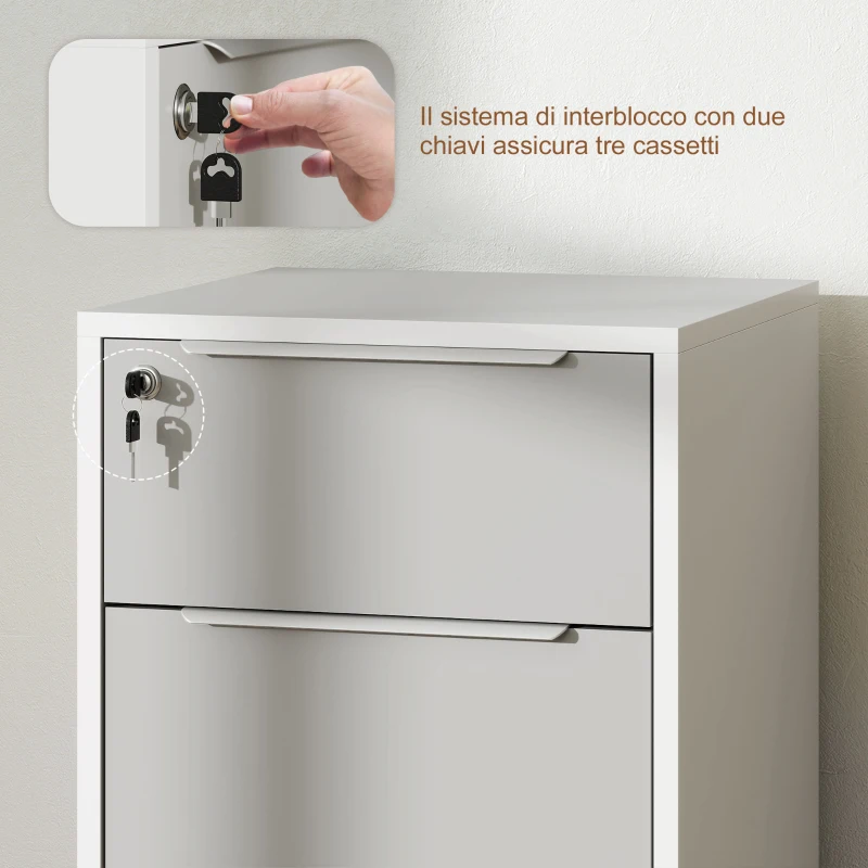 HOMCOM Schedario per Ufficio a 3 Cassetti con Chiavi di Sicurezza e 4 Ruote, in Legno, 40x40x63.5 cm, Bianco e Grigio