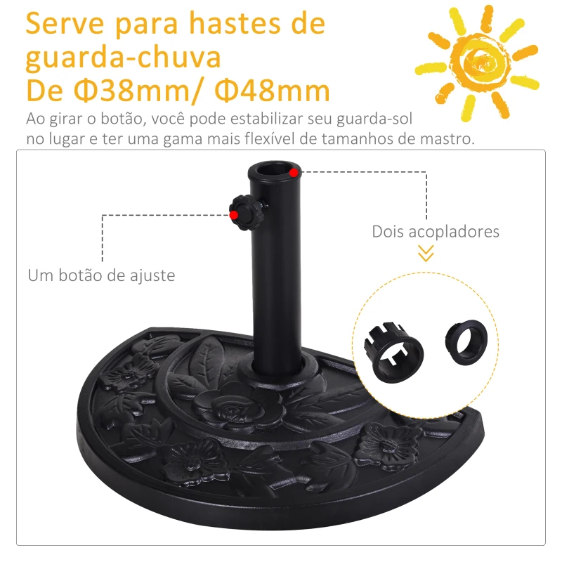 Outsunny Base para Chapéu de Sol de Resina em Forma Semicircular para Mastros de Ø3,8 cm e Ø4,8 cm Peso 9 kg 50x31x32 cm Preto