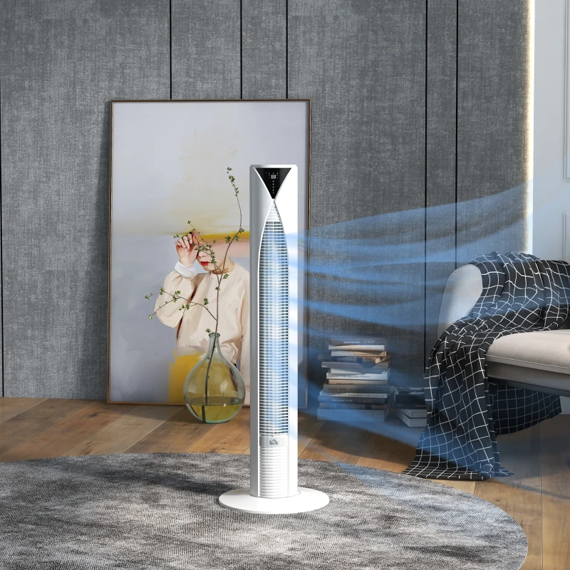 HOMCOM Ventilateur tour avec télécommande minuterie 12 heures mode veille 3 vitesses 31,5 x 31,5 x 96 cm blanc