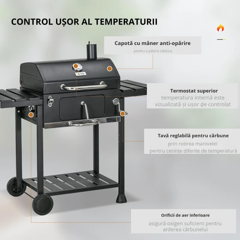 Outsunny Grătar cu Tavă de Cărbune Reglabilă, Grilaj de Grătar din Oțel Galvanizat cu Rafturi de Depozitare, 120x64x114 cm, Negru