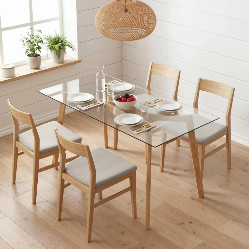 HOMCOM Table à manger pour 4 personnes, 120x60x76cm, table de cuisine, plateau en verre trempé et pieds en acier, transparent