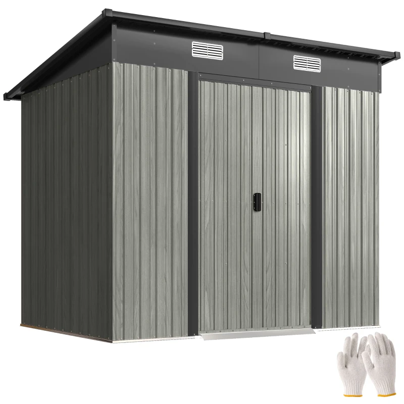 Outsunny 7 x 4ft Outdoor Storage Shed with Foundation Kit, Lean to Metal Garden Shed for Log, Rubbish Bin, Tool, Bike, Light Grey