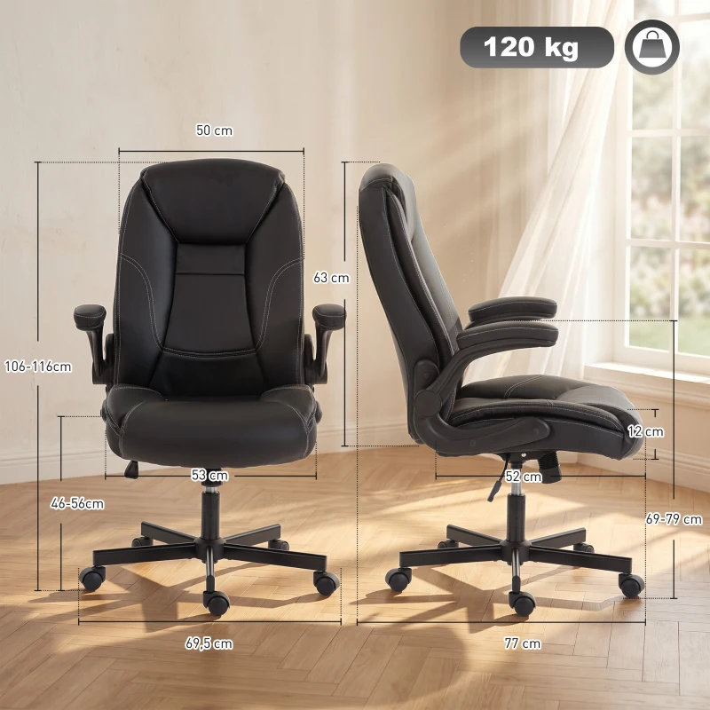 HOMCOM Silla de oficina ergonómica sillón de oficina reposabrazos abatibles altura ajustable función balanceo negro