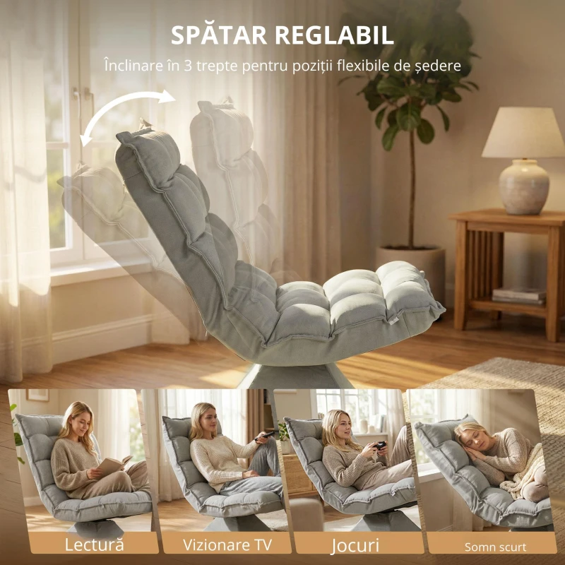 HOMCOM Scaun de podea, stil contemporan, Oțel, Material textil cu efect de catifea, 62 x 70 x 95 cm, Gri