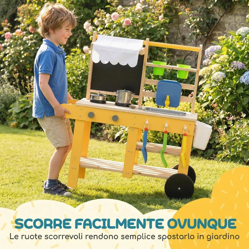 AIYAPLAY Cucina Giocattolo in Legno per Bambini con 15 Accessori, da Interno ed Esterno, Giallo